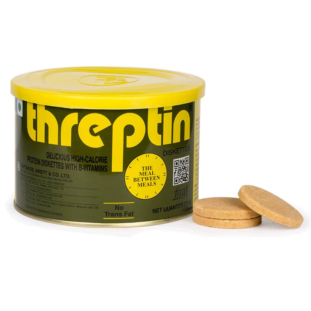 THREPTIN Protein Diskettes, Vanilla Flavor, 275g (Pack of 1), High-Protein Snack - packaging