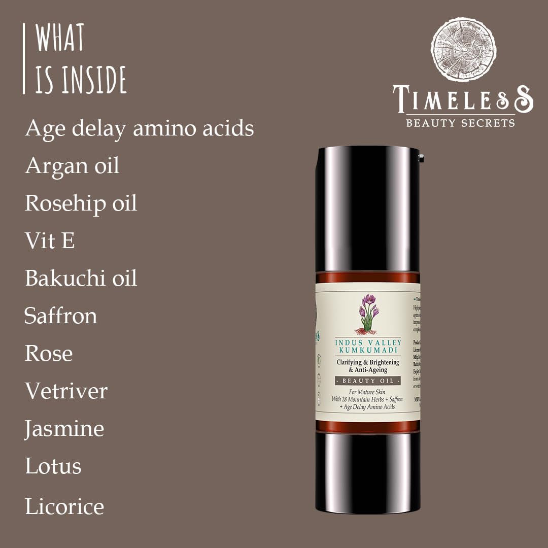 Timeless Beauty Secrets Indus Valley Organic Kumkumadi Oil, 15ml, Herbal Facial Serum - front view (11)