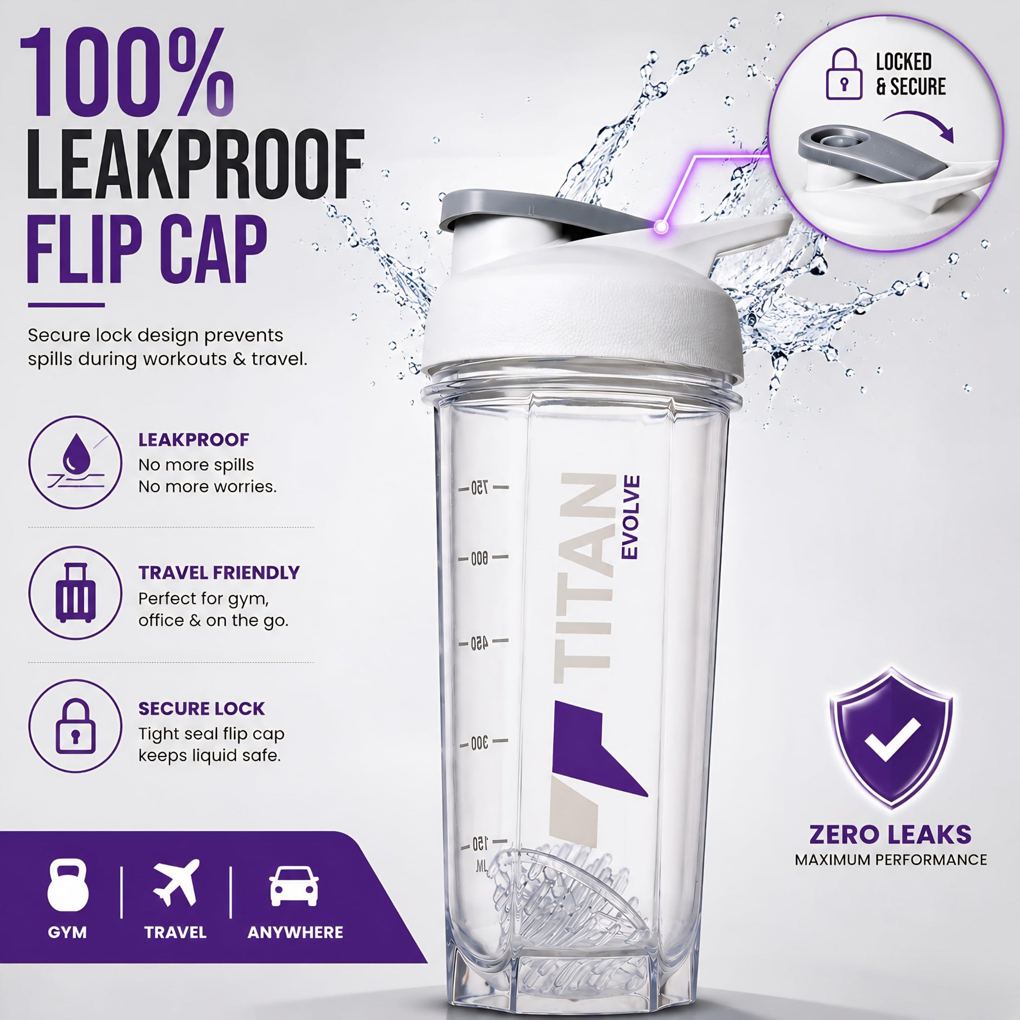 Titan Evolve Nutrition Protein Shaker 1 litre Bottle for Gym & Fitness, BPA-Free | Leakproof Mixer Shaker Cup for Protein Sha