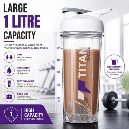 Titan Evolve Nutrition Protein Shaker 1 litre Bottle for Gym & Fitness, BPA-Free | Leakproof Mixer Shaker Cup for Protein Sha