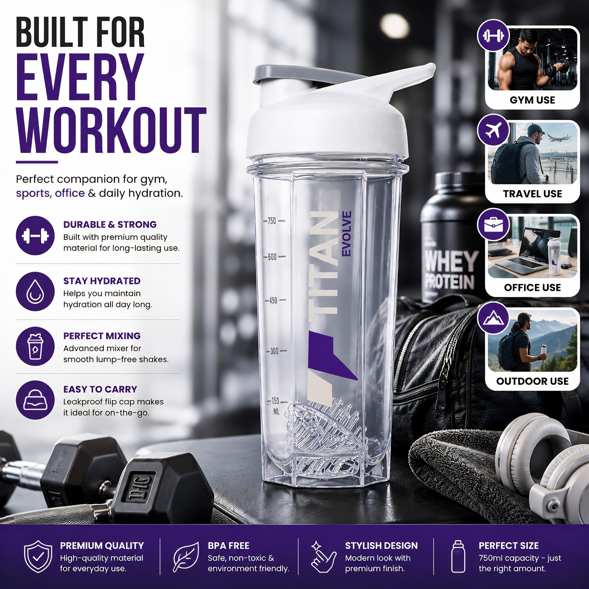 Titan Evolve Nutrition Protein Shaker 1 litre Bottle for Gym & Fitness, BPA-Free | Leakproof Mixer Shaker Cup for Protein Sha