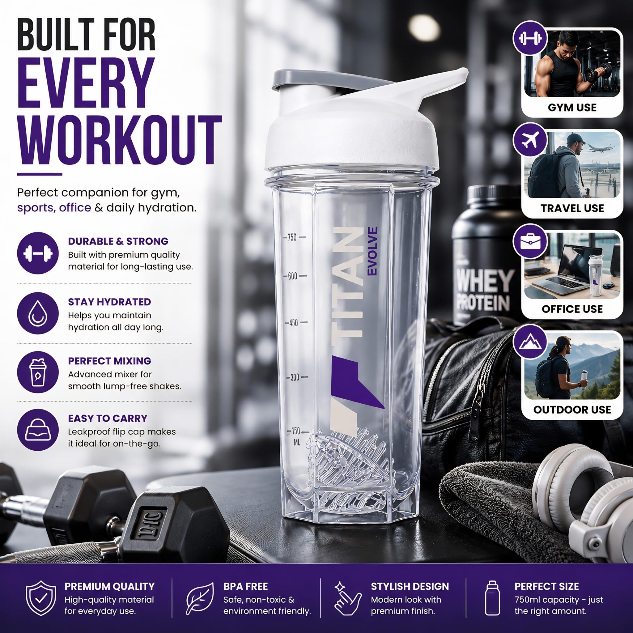 Titan Evolve Nutrition Protein Shaker 1 litre Bottle for Gym & Fitness, BPA-Free | Leakproof Mixer Shaker Cup for Protein Sha