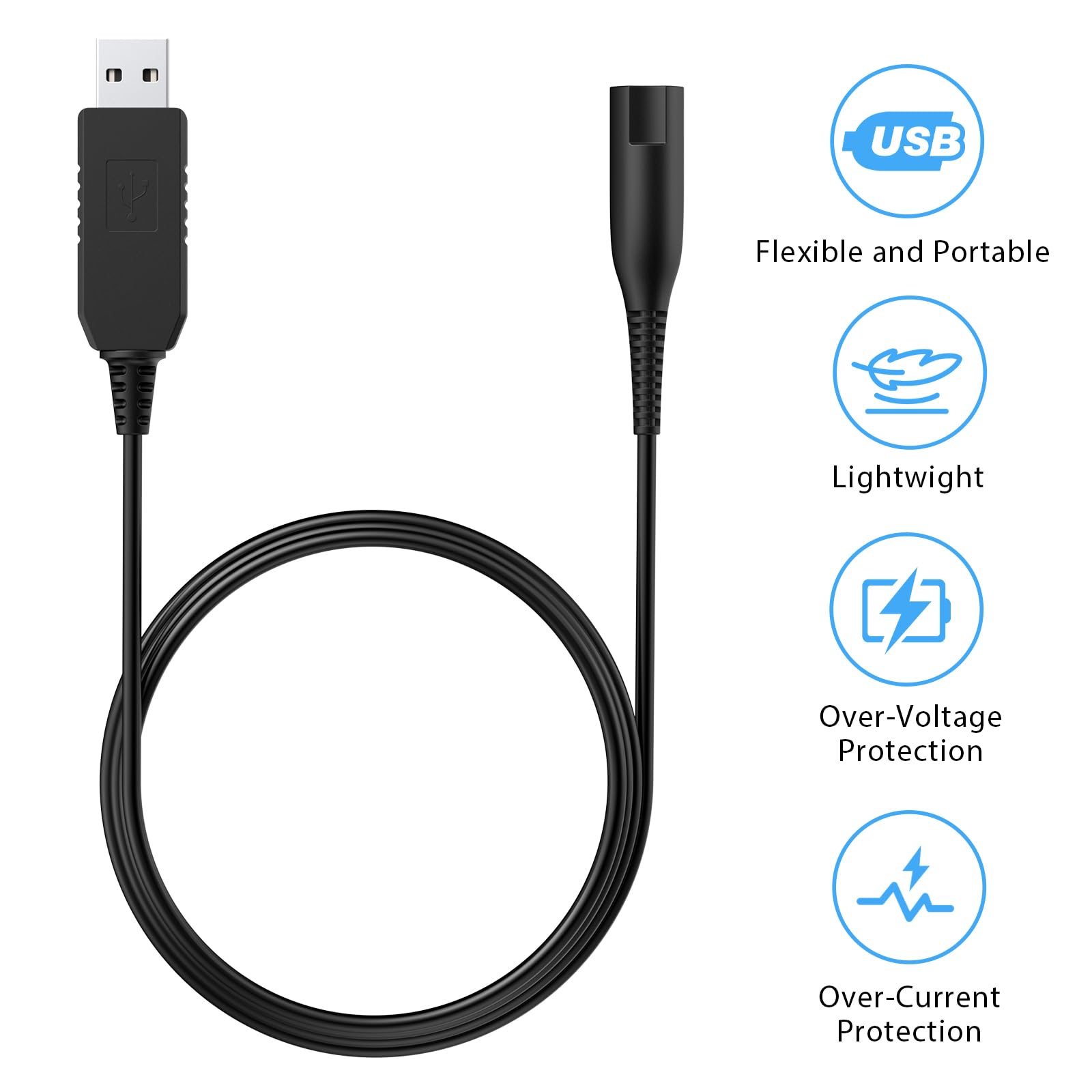 Tobfit 12V Replacement Charger for Braun Shaver, USB Charger Cord for Series 9 7 6 5 3 1, 4.9FT Length - back view