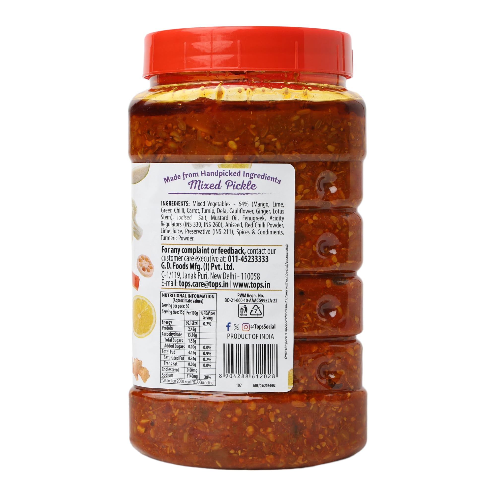 TOPS Gold Mixed Pickle, 900 gm, Vegetarian Traditional Indian Mixed Pickle, 1 Jar - front view