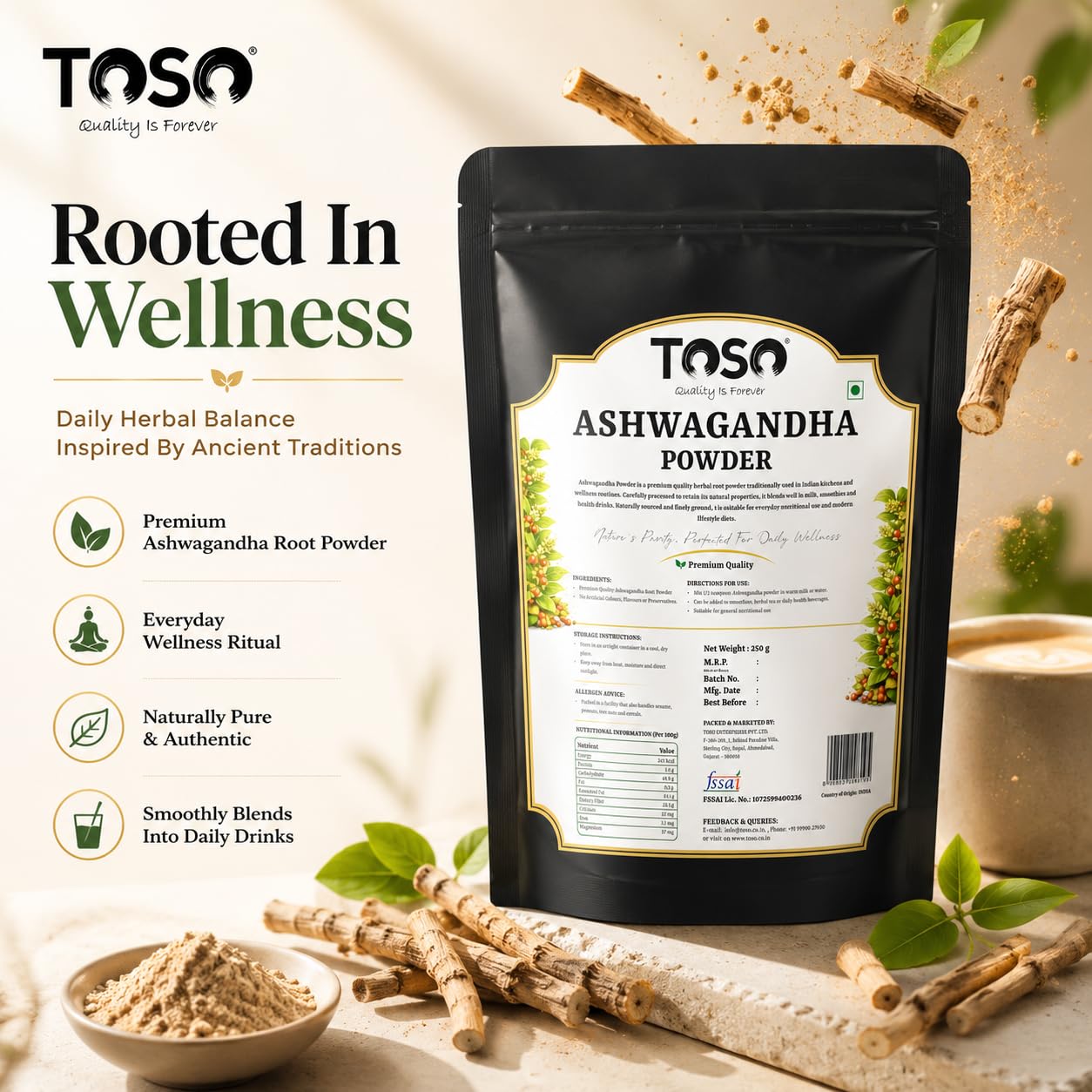 TOSO Ashwagandha Root Powder, 250g, Pure Herbal Supplement, No Artificial Additives - front view