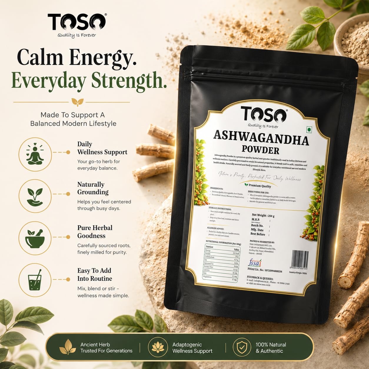 TOSO Ashwagandha Root Powder, 250g, Pure Herbal Supplement, No Artificial Additives - back view