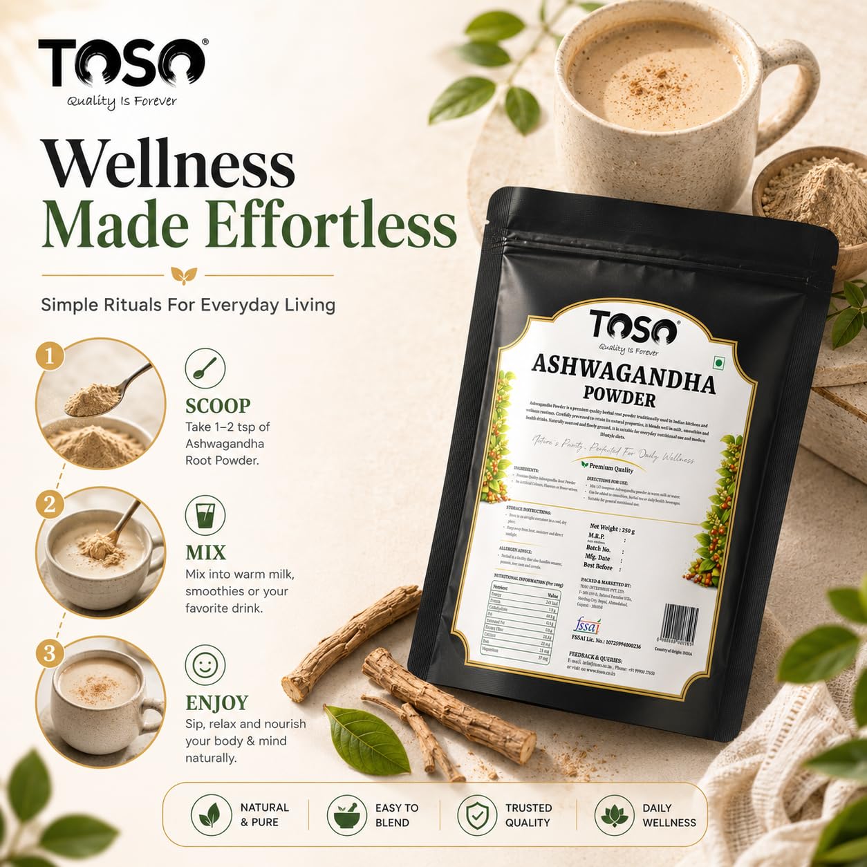 TOSO Ashwagandha Root Powder, 250g, Pure Herbal Supplement, No Artificial Additives - packaging