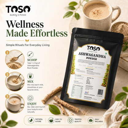TOSO Ashwagandha Root Powder, 250g, Pure Herbal Supplement, No Artificial Additives - packaging