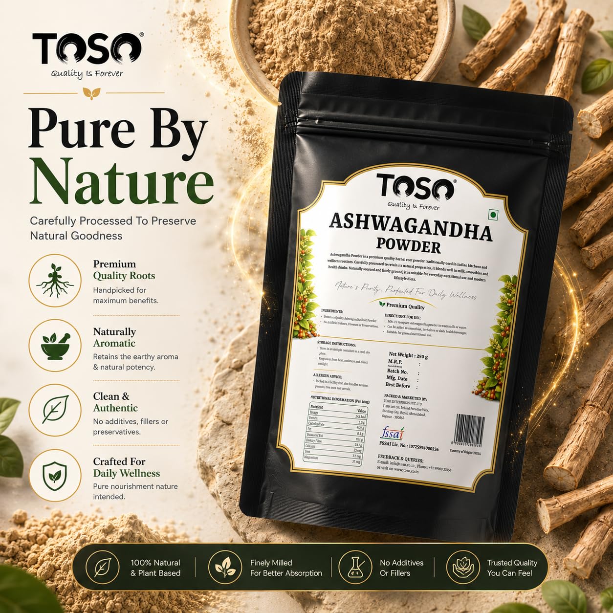 TOSO Ashwagandha Root Powder, 250g, Pure Herbal Supplement, No Artificial Additives - label detail