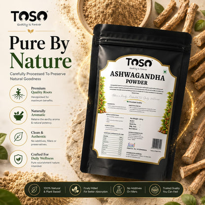 TOSO Ashwagandha Root Powder, 250g, Pure Herbal Supplement, No Artificial Additives - label detail