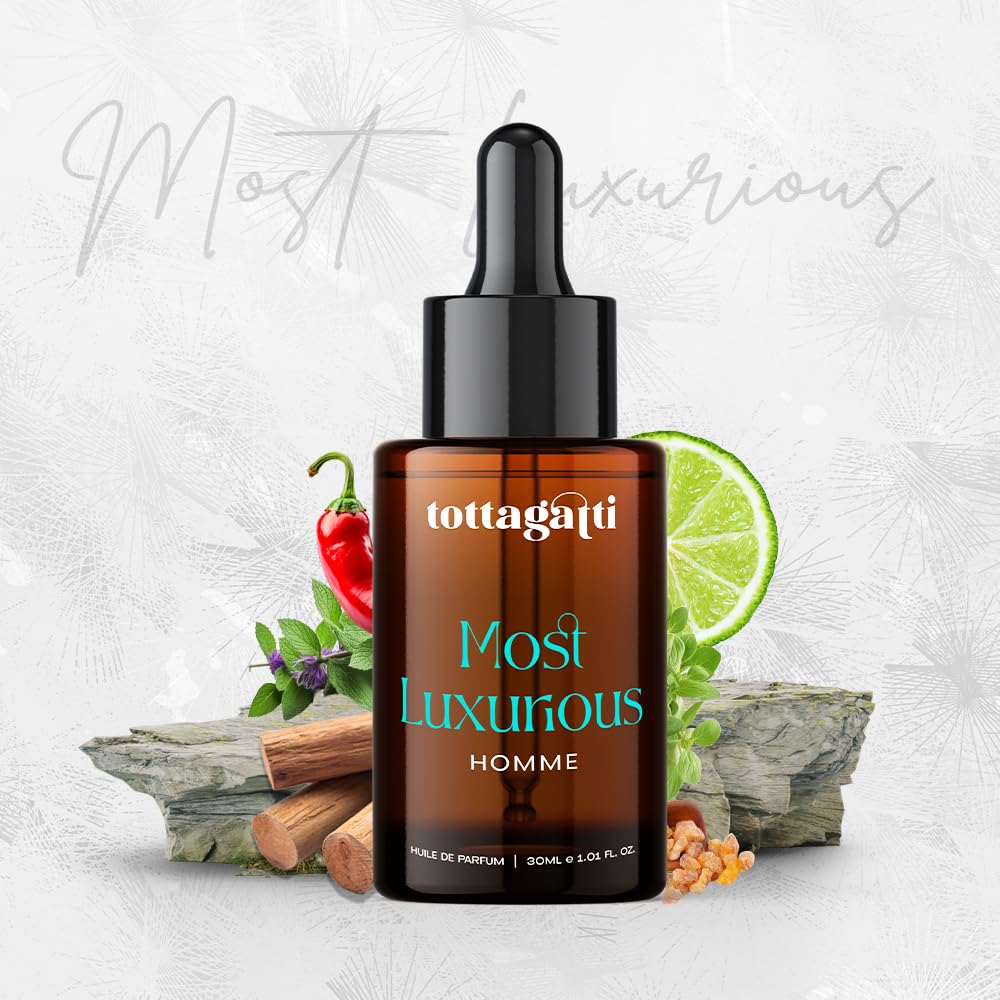 Tottagatti Amber Leather Men's Perfume Oil, 30ml, IFRA Approved Attar with Chilli Pepper Amber Oud Sandalwood - ingredients p