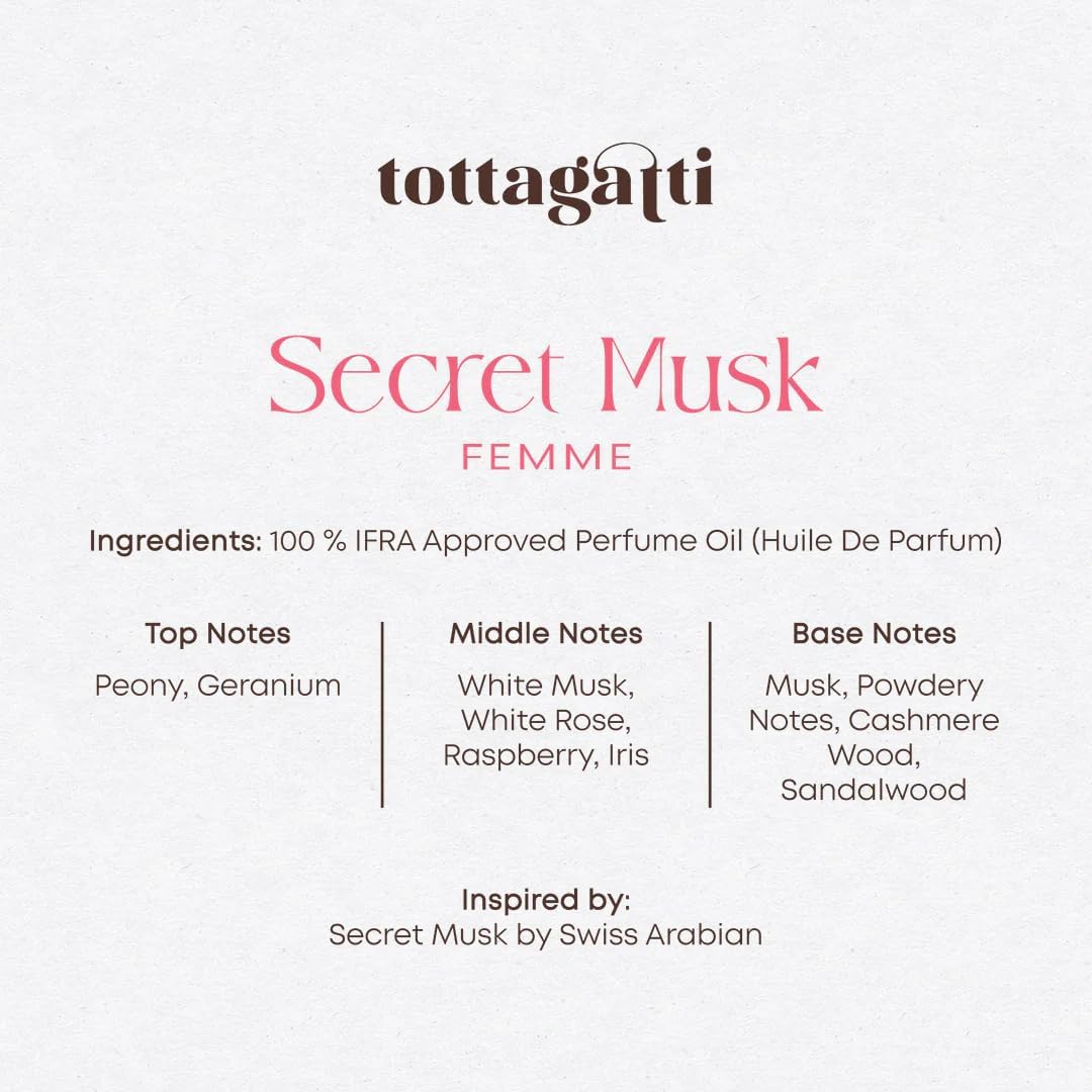 Tottagatti Attar Perfume Oil for Women, Secret Musk Inspired, 30 ml, Oil-Based Alcohol-Free Fragrance - front view