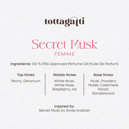 Tottagatti Attar Perfume Oil for Women, Secret Musk Inspired, 30 ml, Oil-Based Alcohol-Free Fragrance - front view