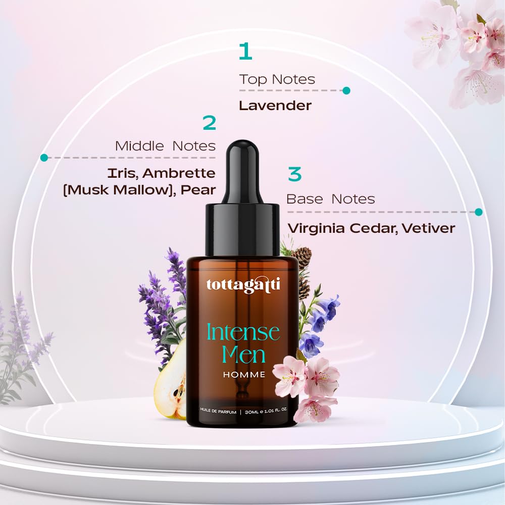 Tottagatti Perfume Oil for Men, 30ml, Lavender, Musk Mallow, Pear, Vetiver, Virginia Cedar Attar, IFRA Approved, Alcohol-Free