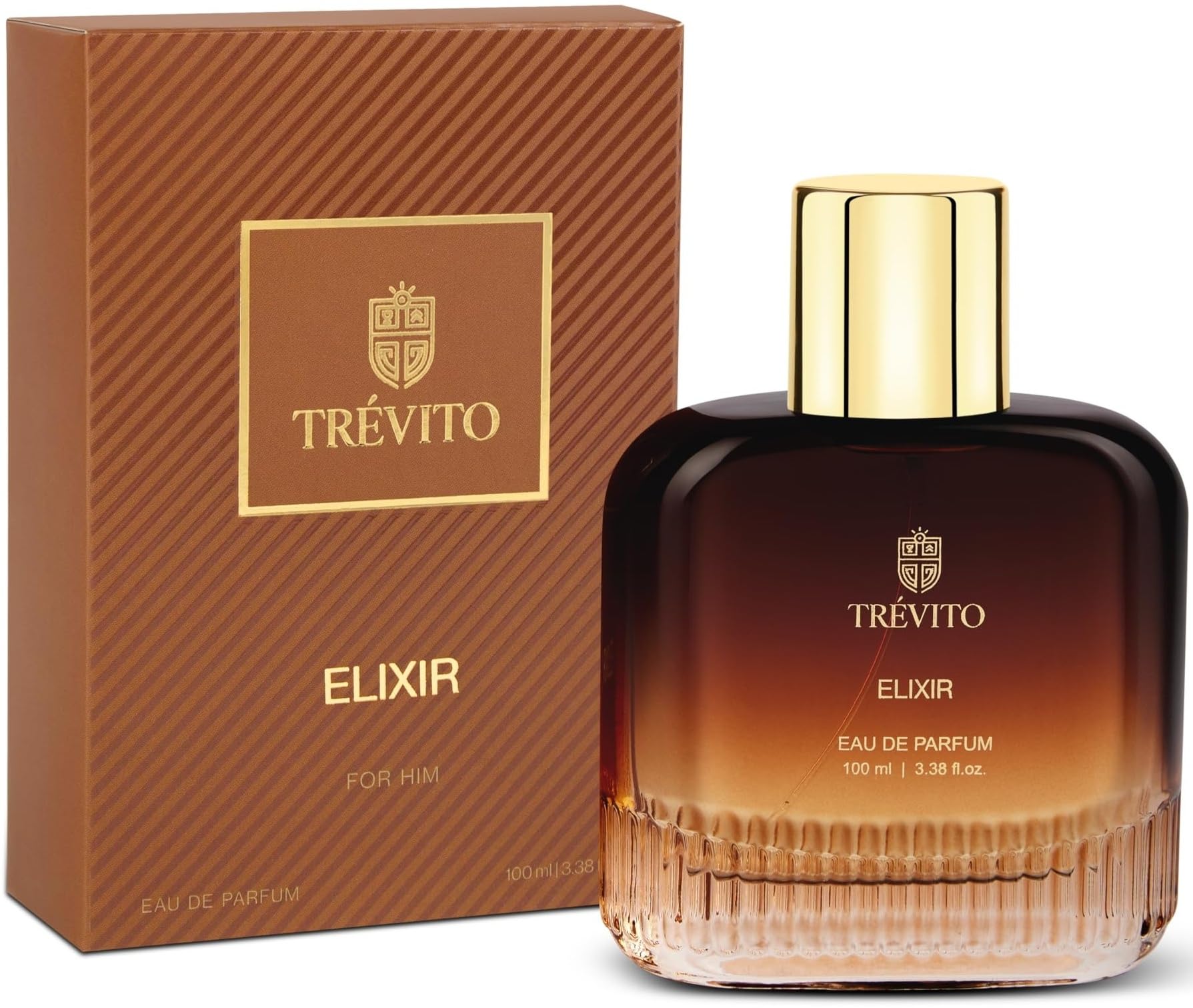 TRÉVITO Ellixir Eau de Parfum for Men, 100ml Spray, Fougere Woody, Brown Gold Bottle, IFRA-Certified