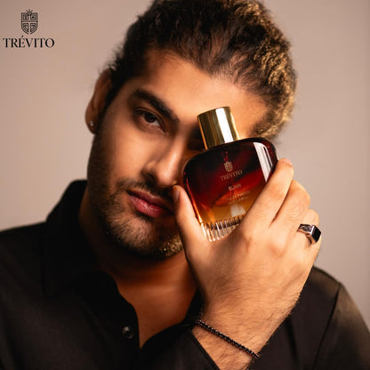 TRÉVITO Ellixir Eau de Parfum for Men, 100ml Spray, Fougere Woody, Brown Gold Bottle, IFRA-Certified - front view
