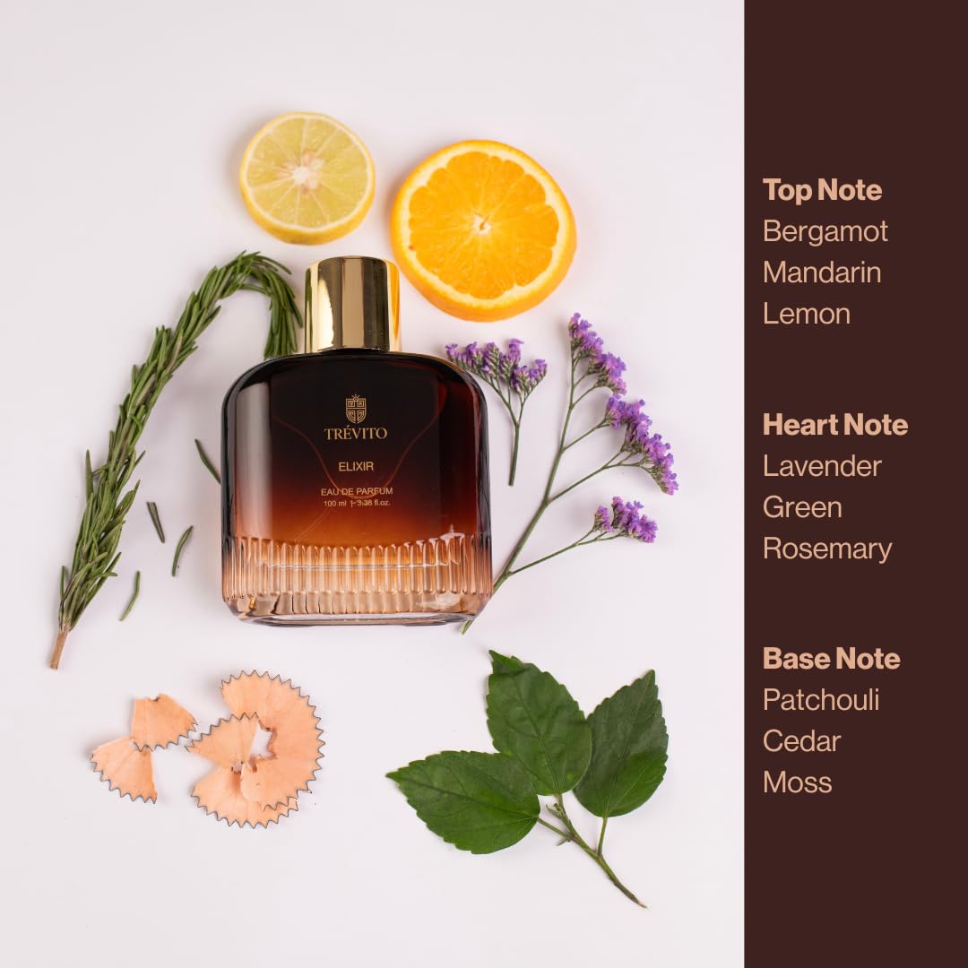 TRÉVITO Ellixir Eau de Parfum for Men, 100ml Spray, Fougere Woody, Brown Gold Bottle, IFRA-Certified - back view