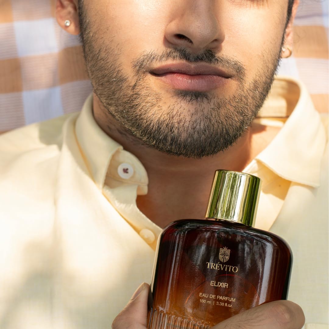 TRÉVITO Ellixir Eau de Parfum for Men, 100ml Spray, Fougere Woody, Brown Gold Bottle, IFRA-Certified - label detail