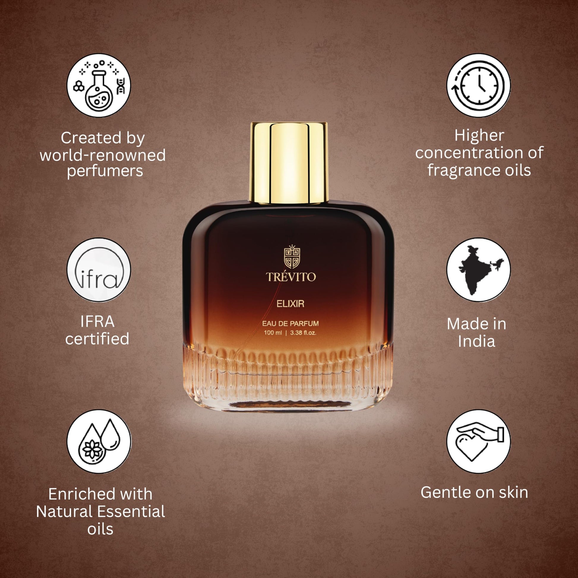 TRÉVITO Ellixir Eau de Parfum for Men, 100ml Spray, Fougere Woody, Brown Gold Bottle, IFRA-Certified - size and scale