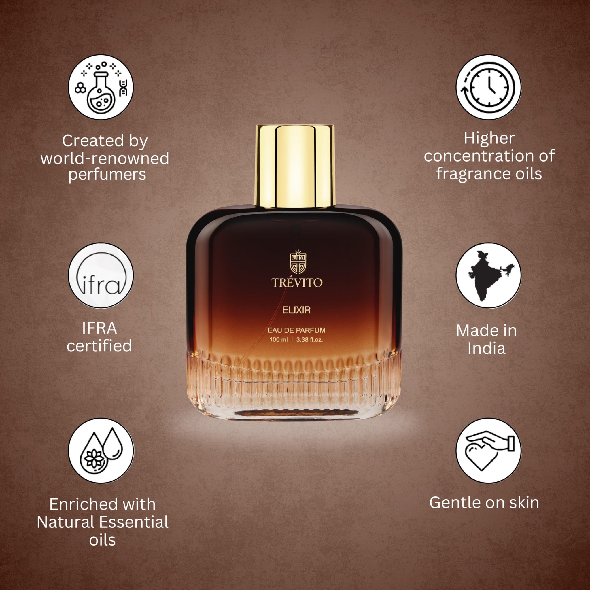 TRÉVITO Ellixir Eau de Parfum for Men, 100ml Spray, Fougere Woody, Brown Gold Bottle, IFRA-Certified - size and scale