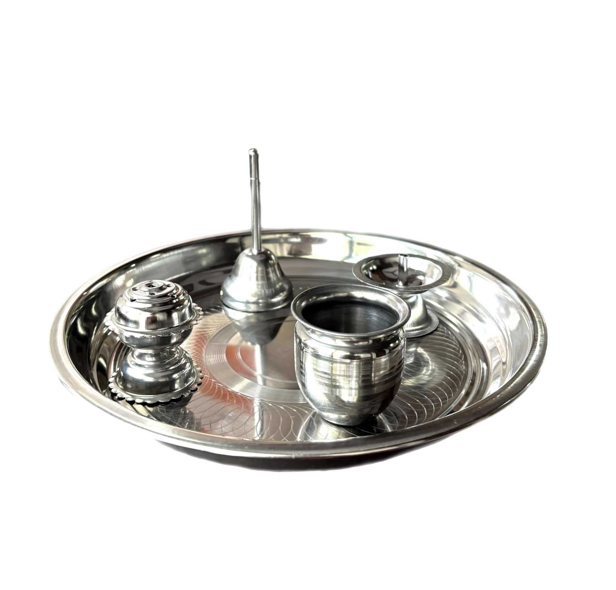 TRISHVAR Stainless Steel Pooja Thali Set with Diya, Bell, Agarbatti Stand & Lota for Home Temple Aarti