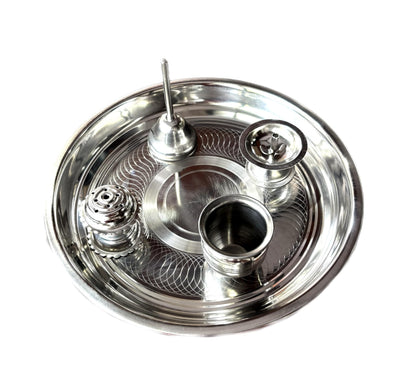 TRISHVAR Stainless Steel Pooja Thali Set with Diya, Bell, Agarbatti Stand & Lota for Home Temple Aarti - front view