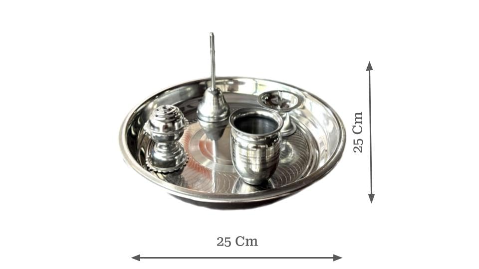 TRISHVAR Stainless Steel Pooja Thali Set with Diya, Bell, Agarbatti Stand & Lota for Home Temple Aarti - back view