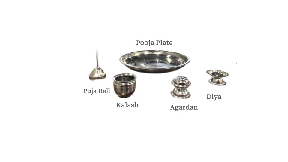 TRISHVAR Stainless Steel Pooja Thali Set with Diya, Bell, Agarbatti Stand & Lota for Home Temple Aarti - label detail