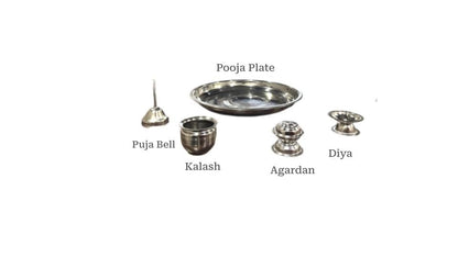 TRISHVAR Stainless Steel Pooja Thali Set with Diya, Bell, Agarbatti Stand & Lota for Home Temple Aarti - label detail