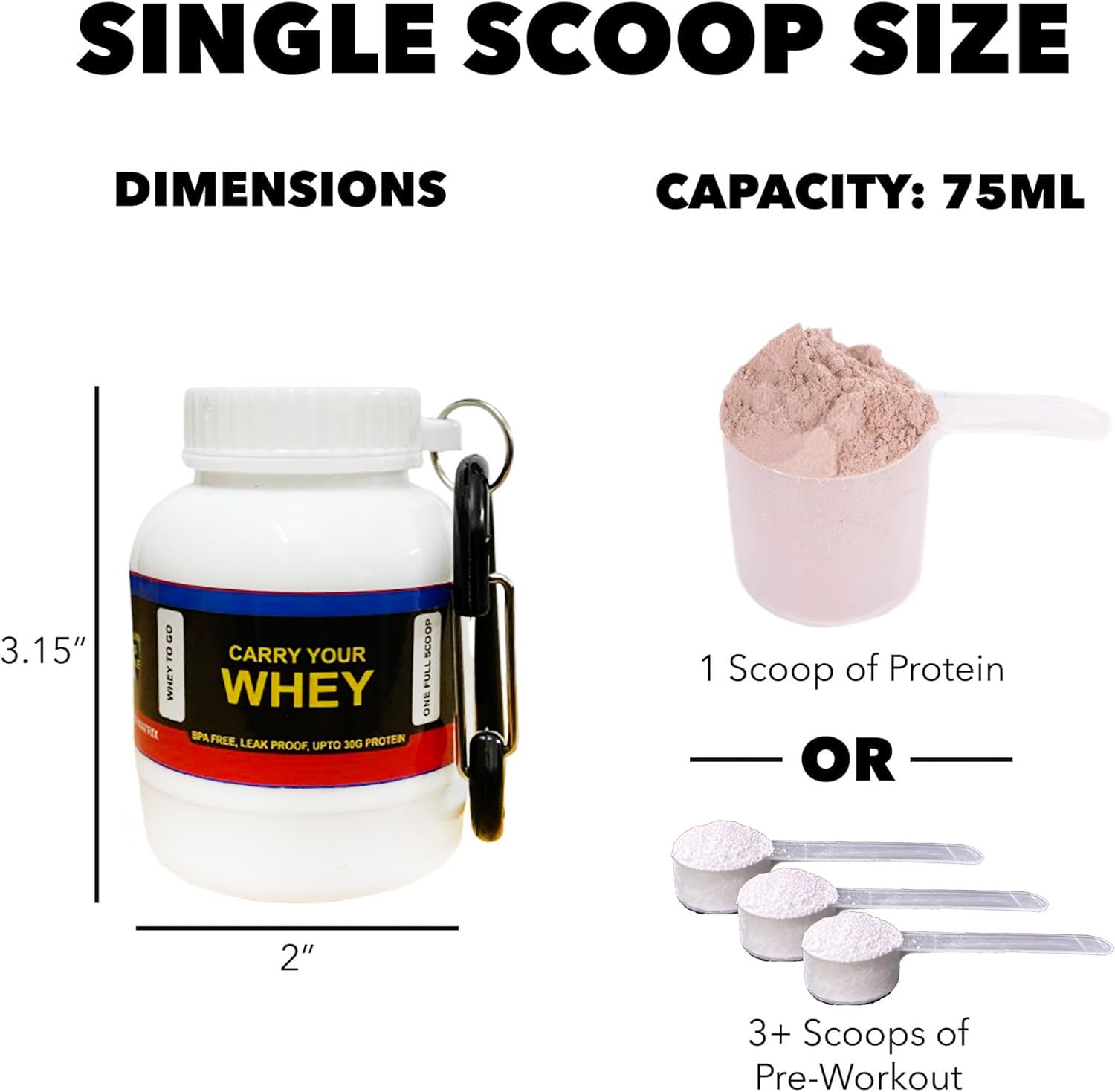 TRUE INDIAN Portable Protein Powder Container, 3-Pack Funnel Bottle, Food-Safe Plastic - front view