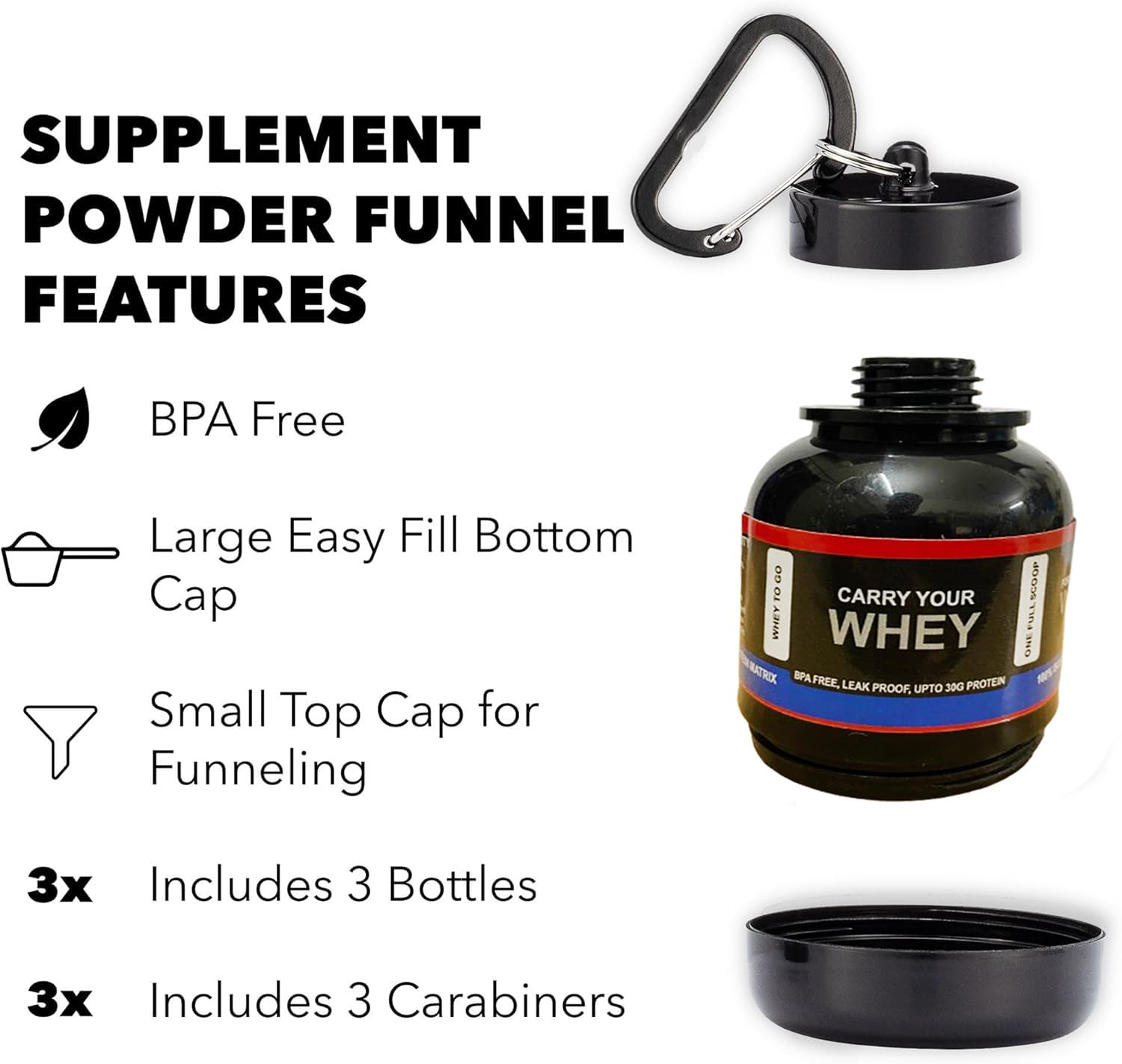 TRUE INDIAN Portable Protein Powder Container, 3-Pack Funnel Bottle, Food-Safe Plastic - back view