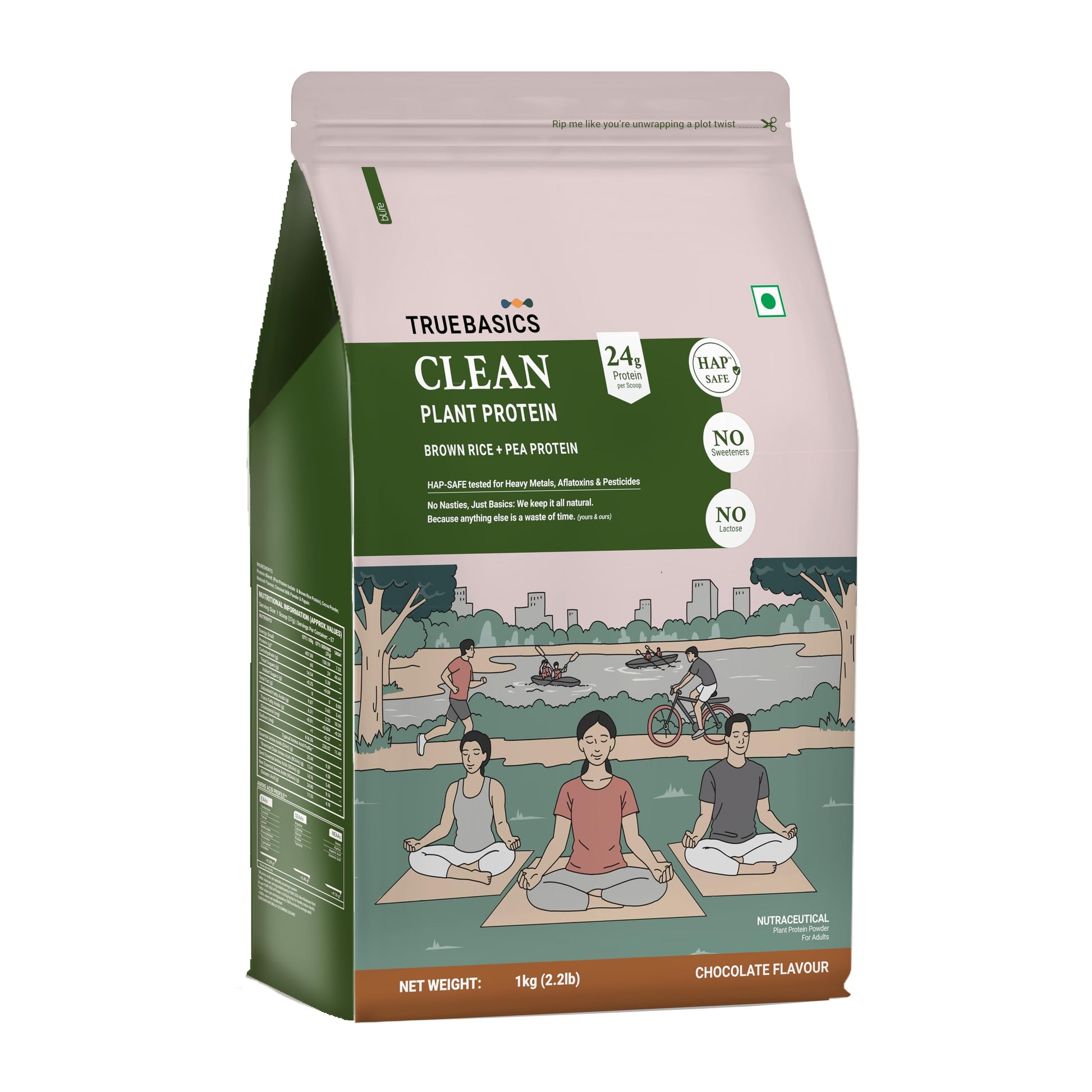 TrueBasics Clean Plant Protein Powder, Chocolate, 1kg, Pea & Brown Rice, Lactose-Free