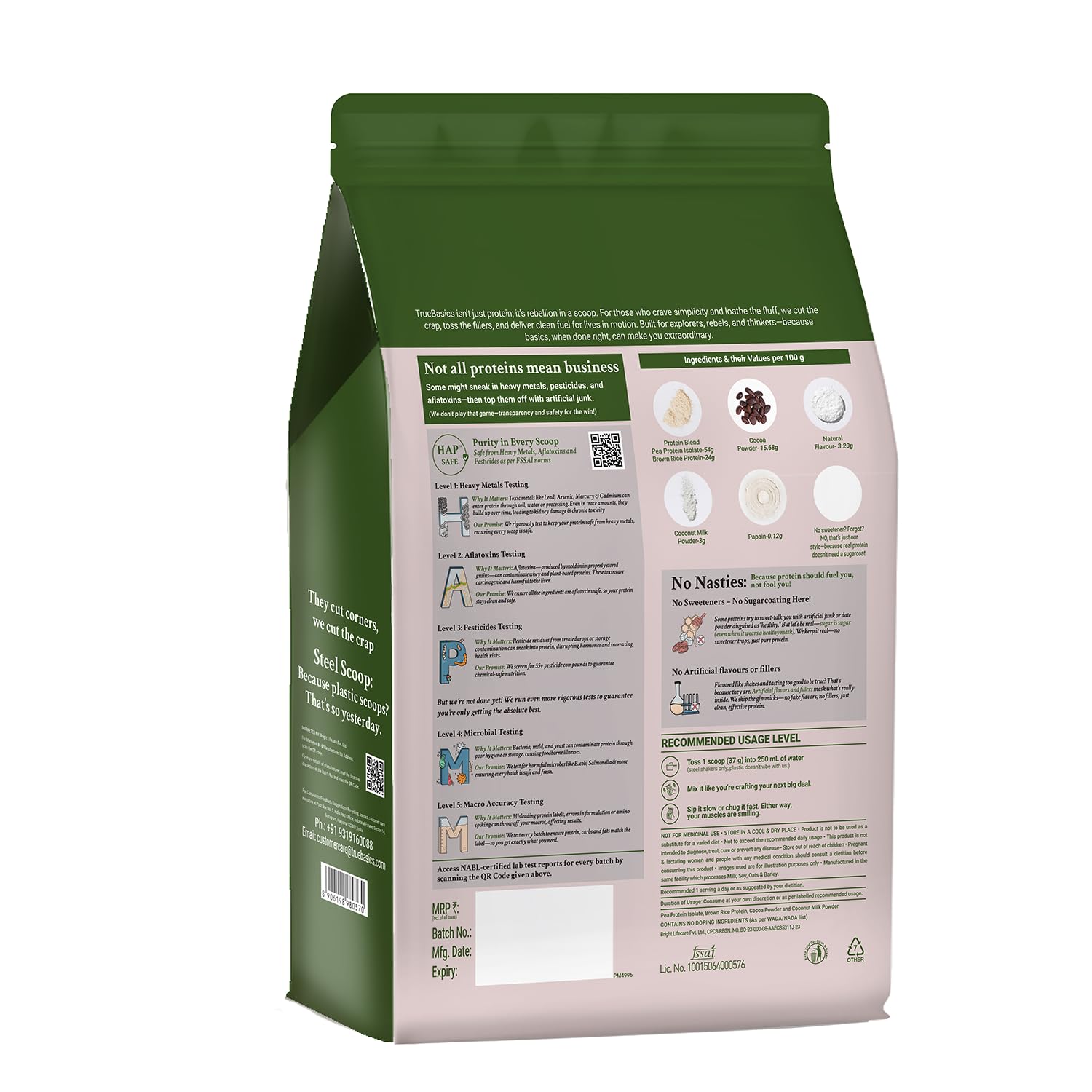 TrueBasics Clean Plant Protein Powder, Chocolate, 1kg, Pea & Brown Rice, Lactose-Free - close-up detail
