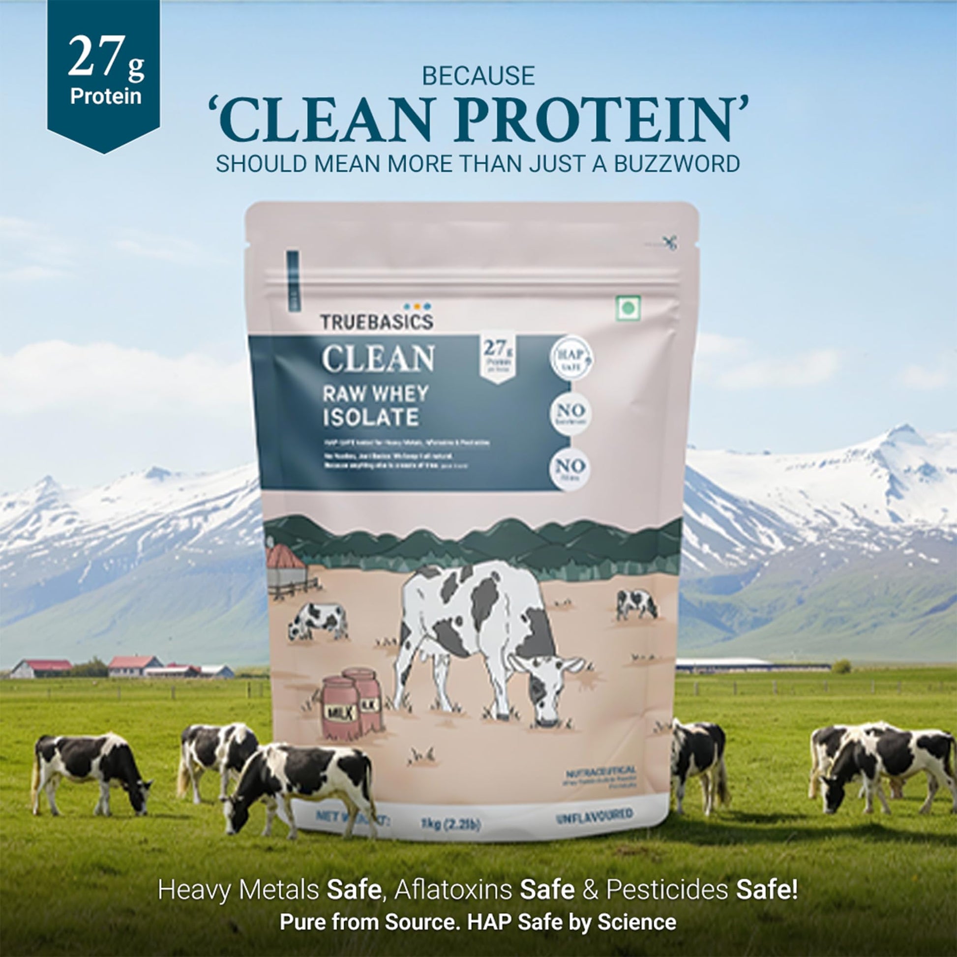 TrueBasics Clean Raw Whey Isolate Protein Powder, Unflavoured, 1kg, HAP Safe Certified - ingredients panel