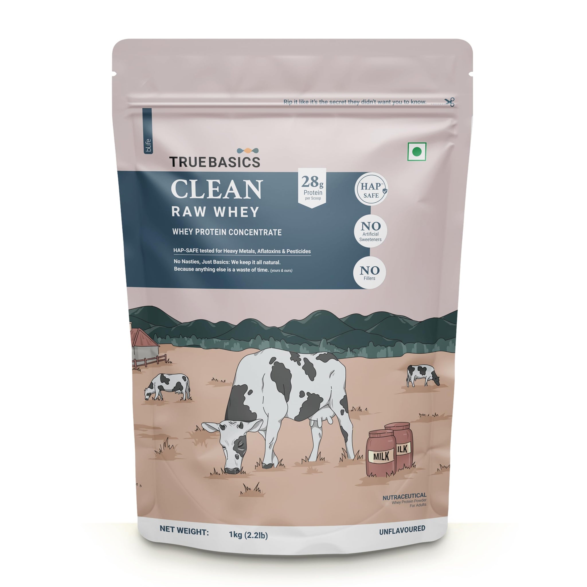 TrueBasics Clean Raw Whey Protein Concentrate Powder, Unflavoured, 1kg, HAP SAFE Certified, with Steel Scoop