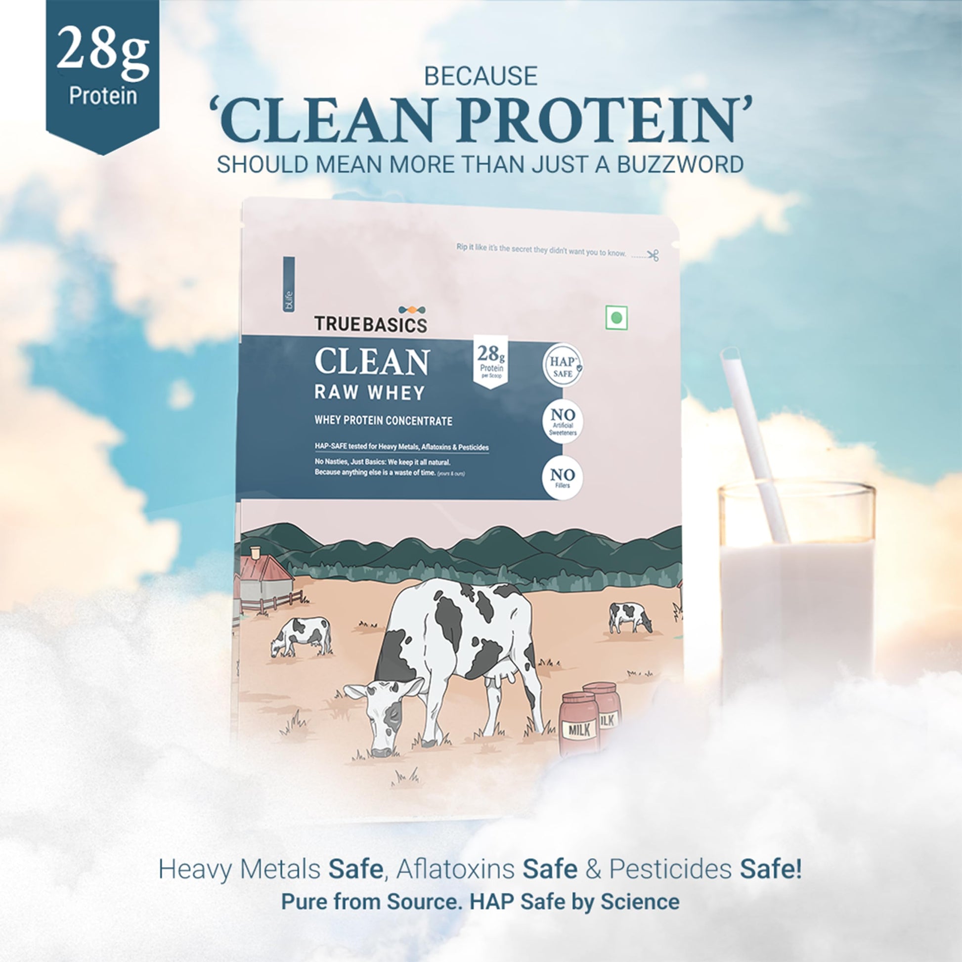 TrueBasics Clean Raw Whey Protein Concentrate Powder, Unflavoured, 1kg, HAP SAFE Certified, with Steel Scoop - packaging