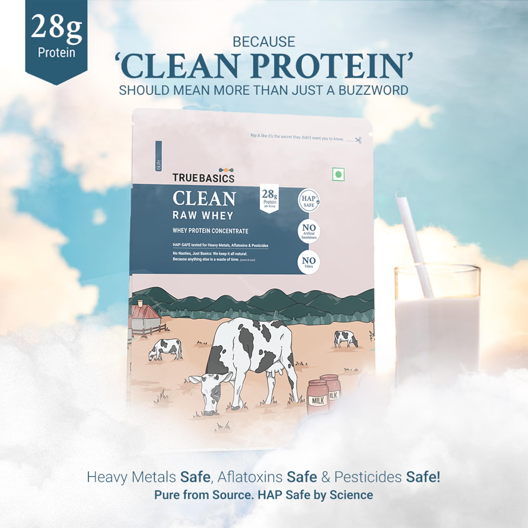 TrueBasics Clean Raw Whey Protein Concentrate Powder, Unflavoured, 1kg, HAP SAFE Certified, with Steel Scoop - packaging