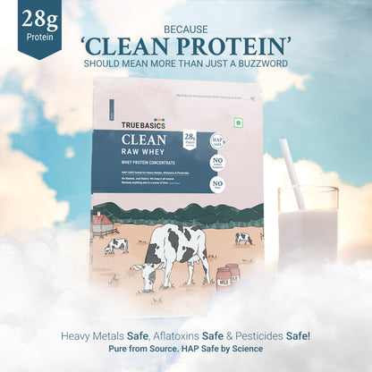 TrueBasics Clean Raw Whey Protein Concentrate Powder, Unflavoured, 1kg, HAP SAFE Certified, with Steel Scoop - packaging