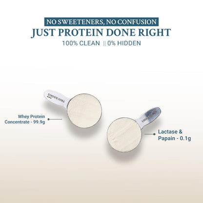 TrueBasics Clean Raw Whey Protein Concentrate Powder, Unflavoured, 1kg, HAP SAFE Certified, with Steel Scoop - label detail