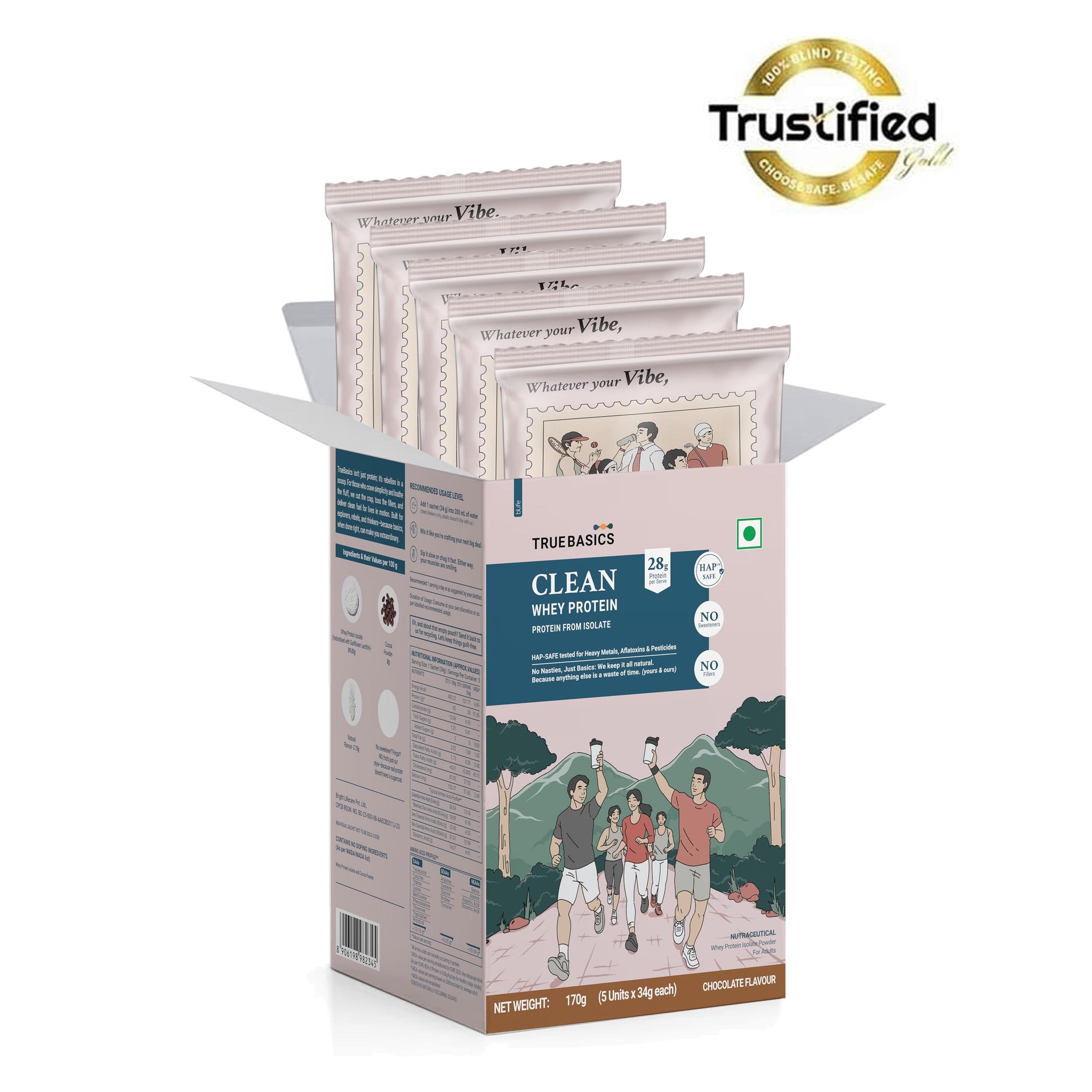 TrueBasics Clean Whey 100% Protein Isolate Powder, Whey Protein Supplement, HAP Safe Certified, with Steel Scoop - front view