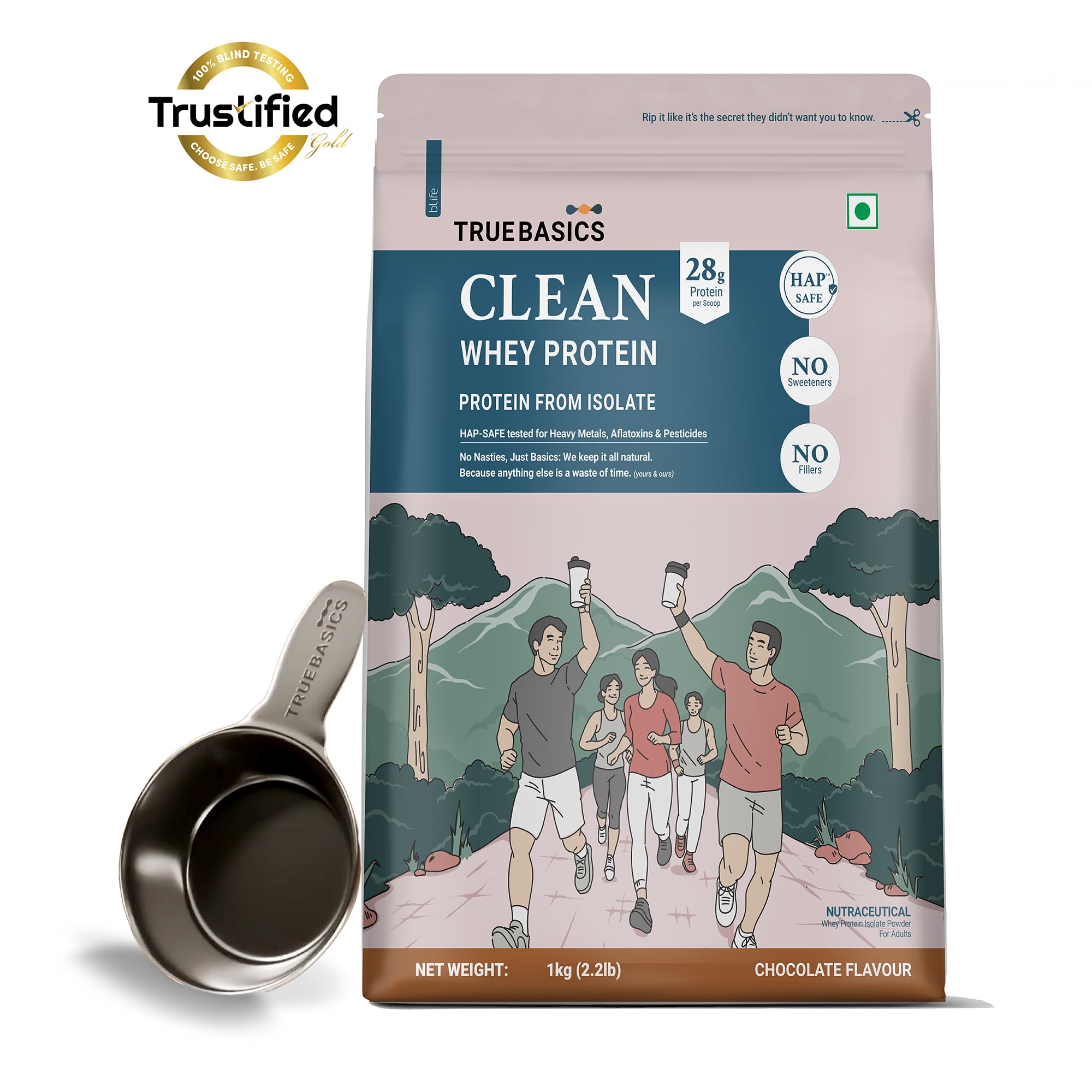 TrueBasics Clean Whey 100% Protein Isolate Powder, Whey Protein Supplement, HAP Safe Certified, with Steel Scoop - front view