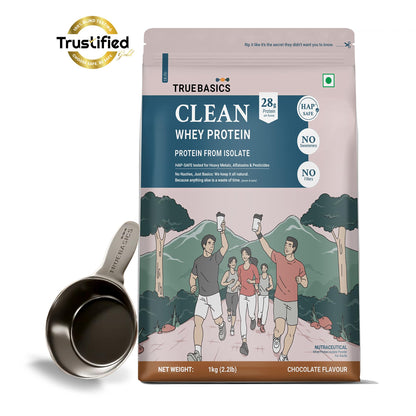 TrueBasics Clean Whey 100% Protein Isolate Powder, Whey Protein Supplement, HAP Safe Certified, with Steel Scoop - front view