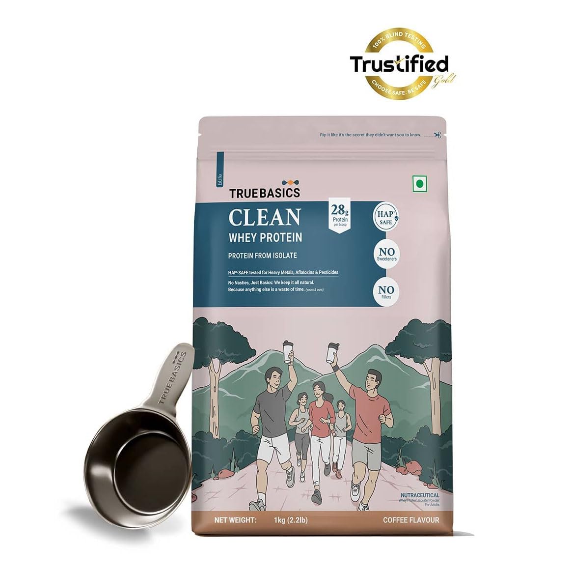 TrueBasics Clean Whey 100% Protein Isolate Powder, Whey Protein Supplement, HAP Safe Certified, with Steel Scoop - front view