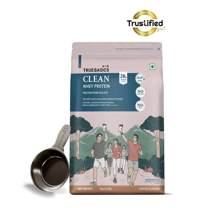 TrueBasics Clean Whey 100% Protein Isolate Powder, Whey Protein Supplement, HAP Safe Certified, with Steel Scoop - front view