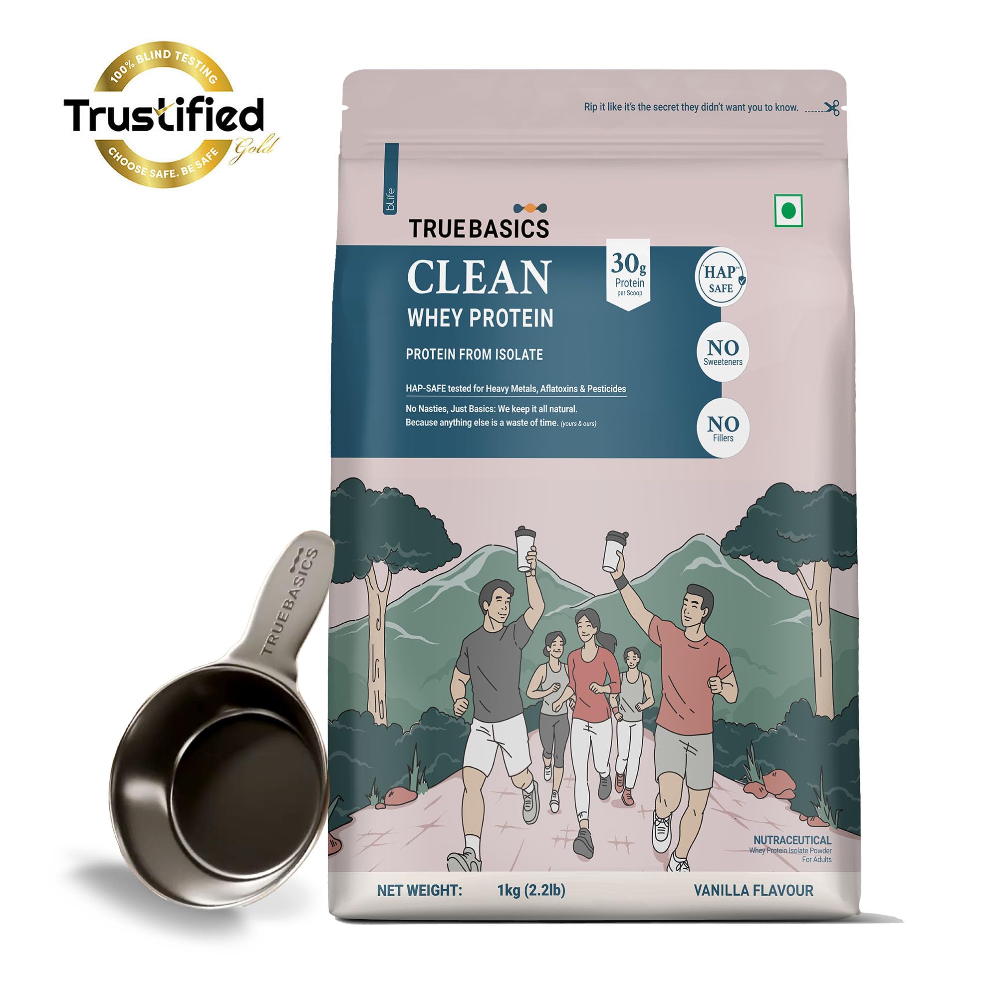 TrueBasics Clean Whey 100% Protein Isolate Powder, Whey Protein Supplement, HAP Safe Certified, with Steel Scoop - front view