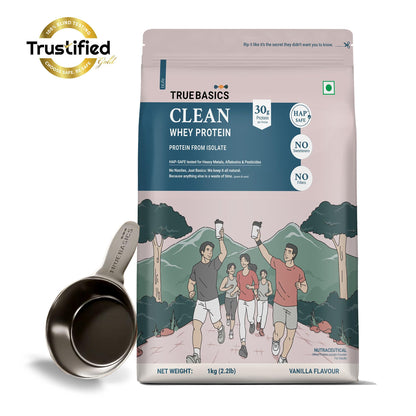 TrueBasics Clean Whey 100% Protein Isolate Powder, Whey Protein Supplement, HAP Safe Certified, with Steel Scoop - front view
