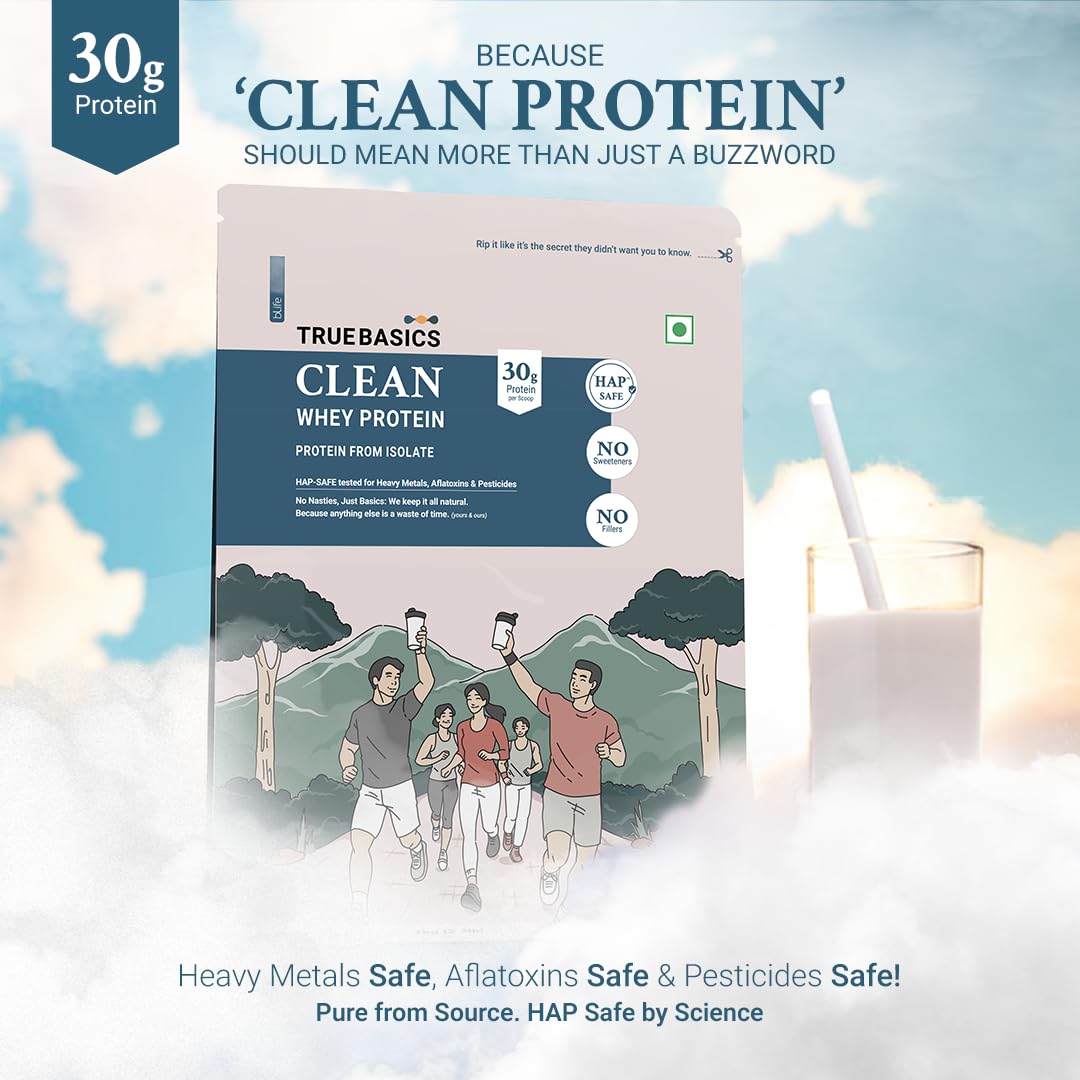TrueBasics Clean Whey 100% Protein Isolate Powder, Whey Protein Supplement, HAP Safe Certified, with Steel Scoop - back view 