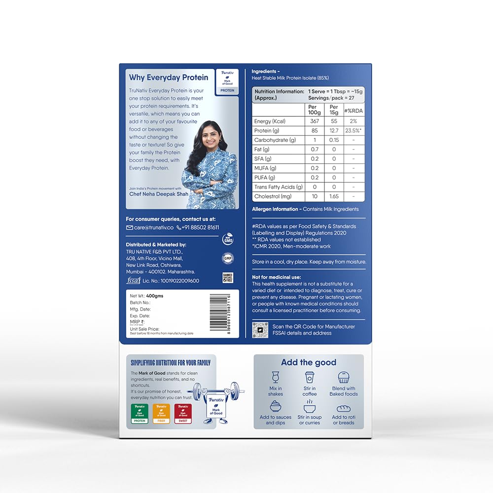 TruNativ Cookable Milk Whey Protein Isolate Powder, 90% Protein, Unflavoured - front view