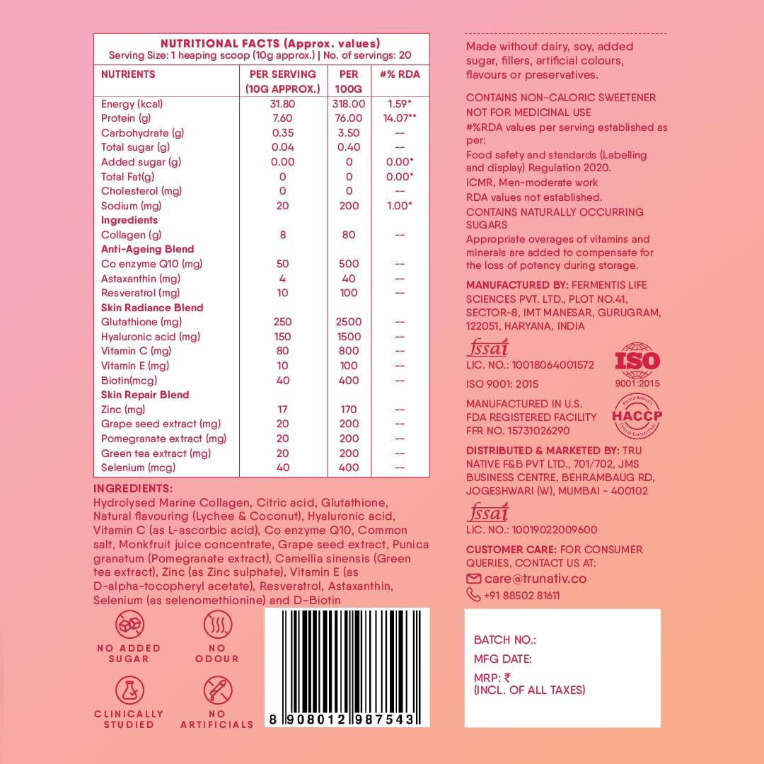 TruNativ Marine Collagen Powder, Japanese Source Type 1 and 3 Hydrolyzed Peptides with Hyaluronic Acid, Adult Nutritional Sup