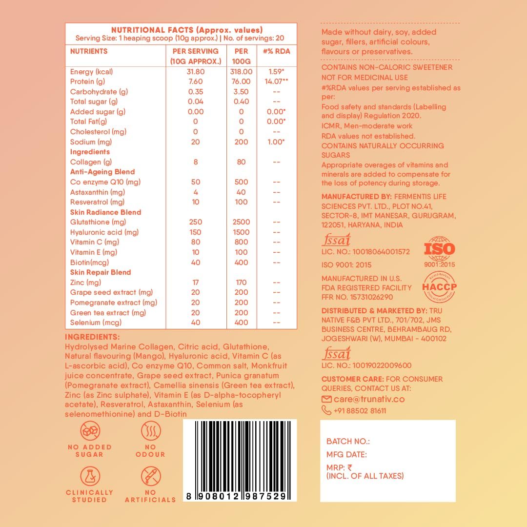 TruNativ Marine Collagen Powder, Japanese Source Type 1 and 3 Hydrolyzed Peptides with Hyaluronic Acid, Adult Nutritional Sup